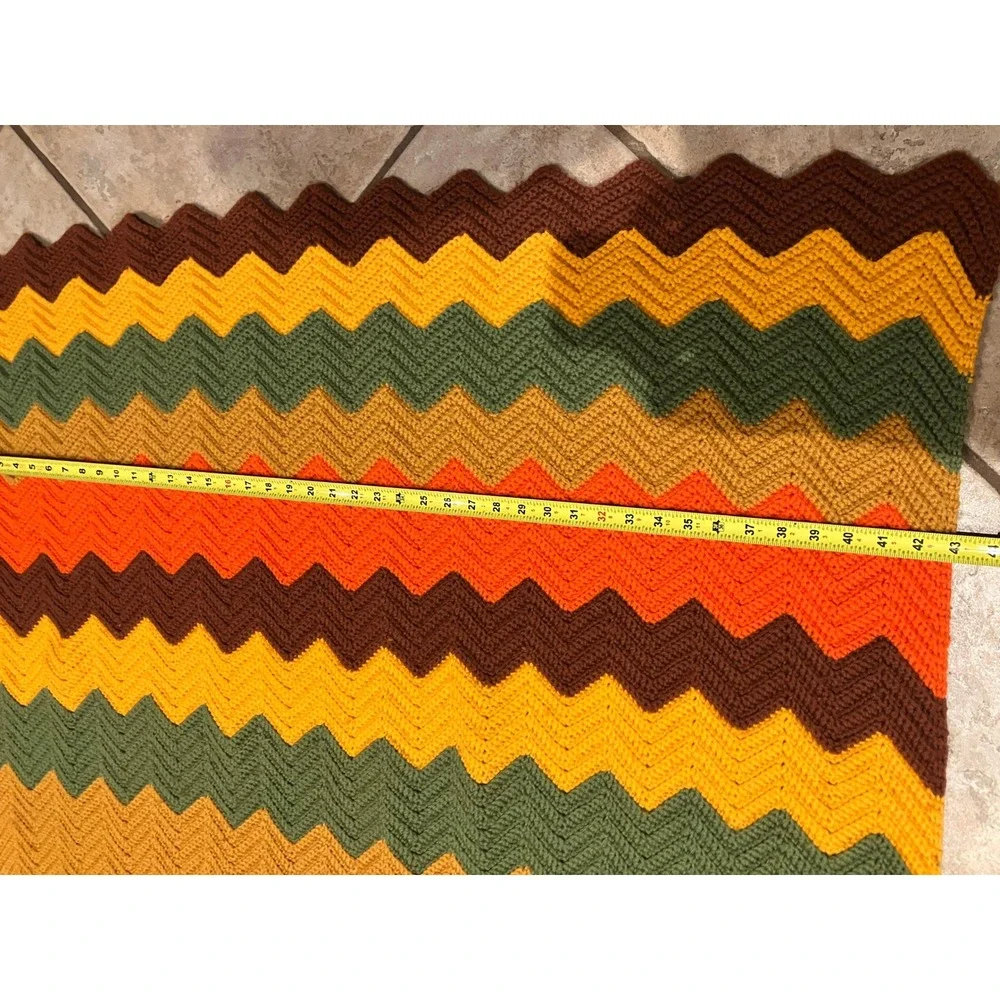 Vintage 70s Handmade Crochet Afghan Blanket Chevron Ripple Brown Orange 43x92